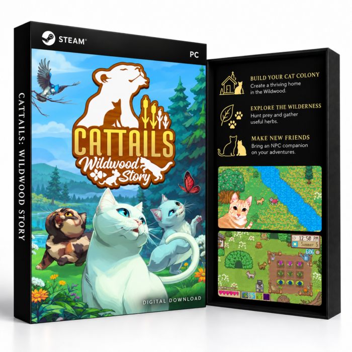 Cattails: Wildwood Story Steam – digital spillutgave vist med forside og bakside