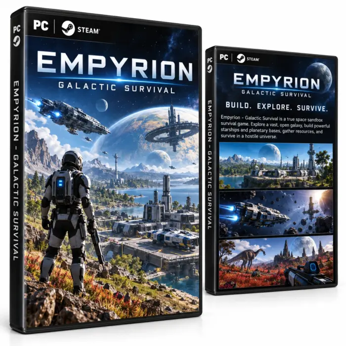Produktillustrasjon for Empyrion - Galactic Survival på Steam med en astronaut, romskip og en base på en fremmed planet