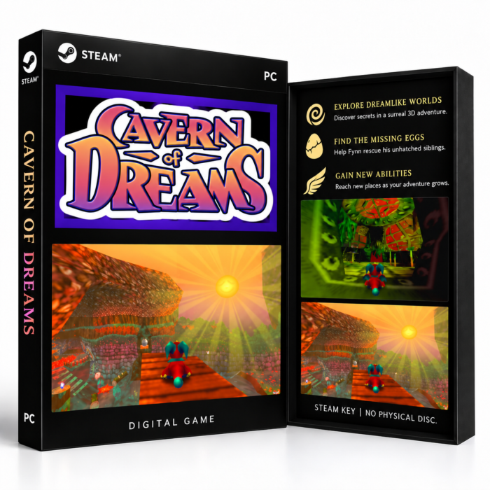 Cavern of Dreams Steam – digital spillutgave vist med forside og bakside