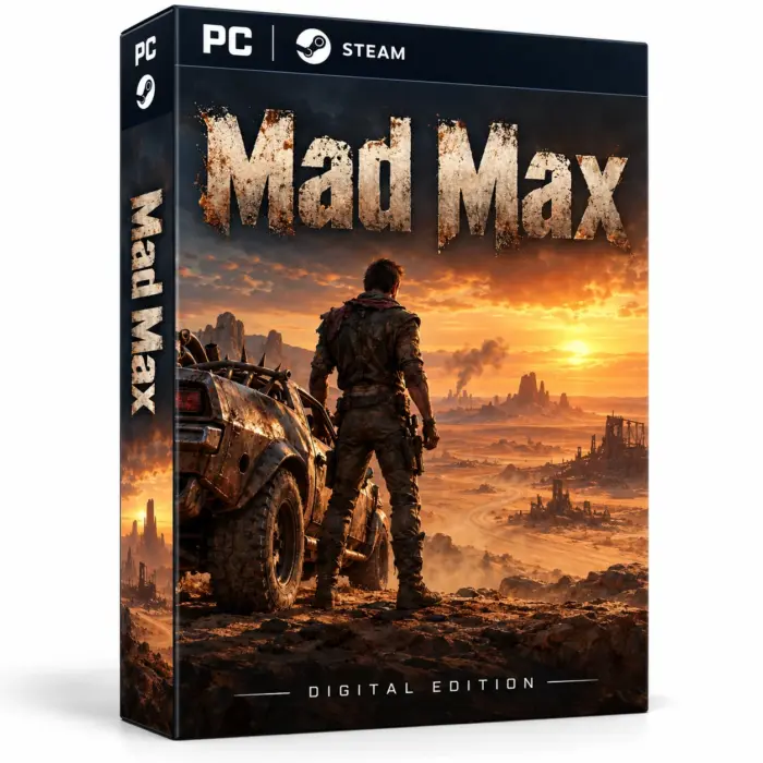 Produktillustrasjon for Mad Max på Steam med en mann og en ombygd bil i et ørkenlandskap ved solnedgang