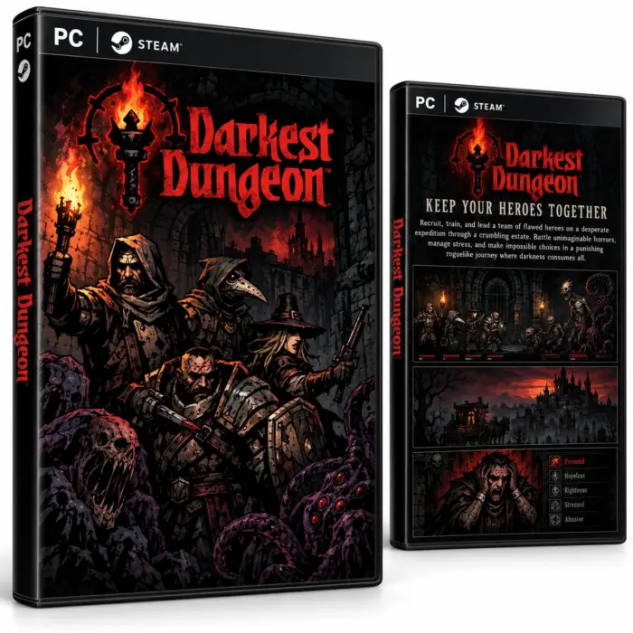 Produktillustrasjon for Darkest Dungeon på Steam med eventyrere, en fakkel og mørke ruiner