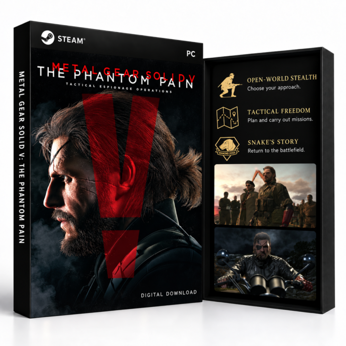 Metal Gear Solid V: The Phantom Pain Steam – digital spillutgave vist med forside og bakside