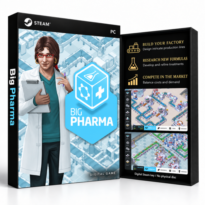 Big Pharma – PC (Steam) – digital spillutgave vist med forside og bakside