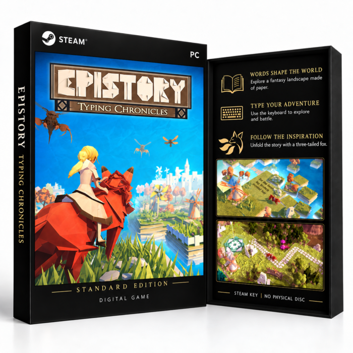 Epistory - Typing Chronicles – Steam – digital spillutgave vist med forside og bakside