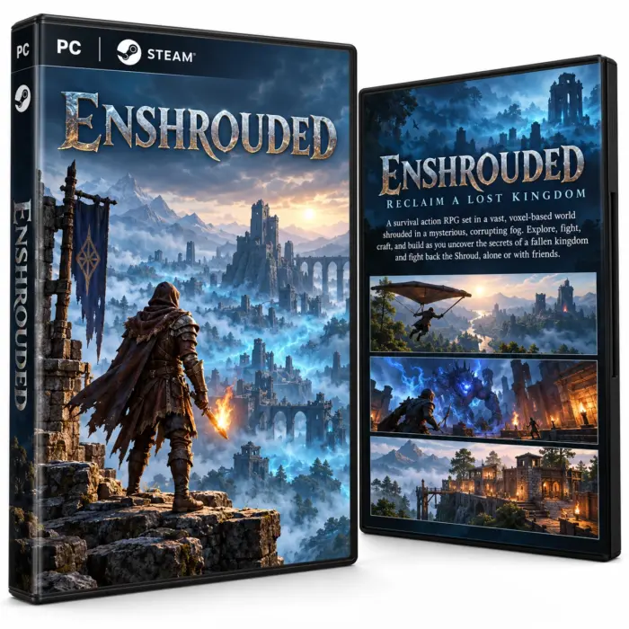 Produktillustrasjon for Enshrouded på Steam med en eventyrer over tåkefylte slottsruiner