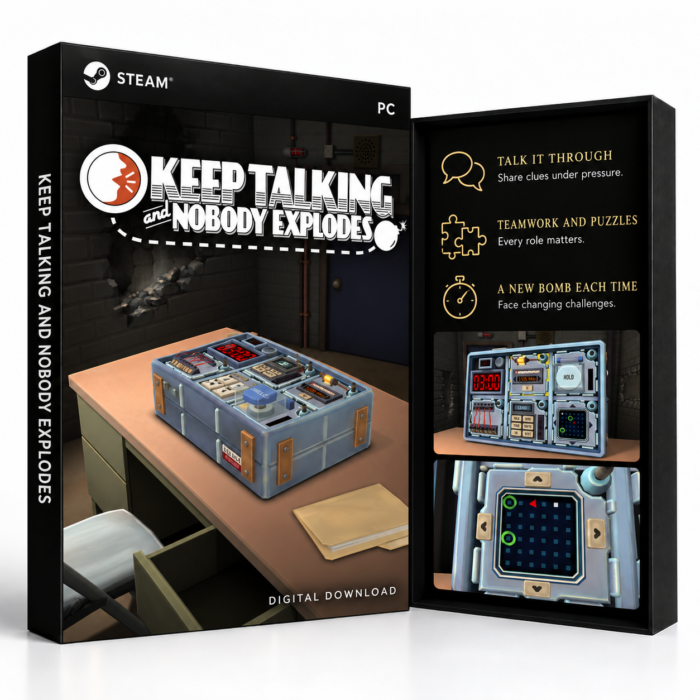 Keep Talking and Nobody Explodes Steam – digital spillutgave vist med forside og bakside