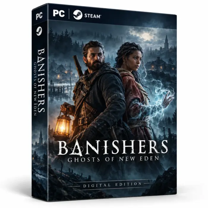 Produktillustrasjon for Banishers: Ghosts of New Eden på Steam med to personer, en lykt og et blått spøkelsesaktig lys