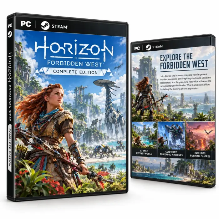 Produktillustrasjon for Horizon Forbidden West Complete Edition på Steam med Aloy og maskiner ved en frodig kyst