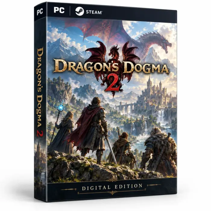 Produktillustrasjon for Dragon’s Dogma 2 på Steam med fire eventyrere, et slott og en flygende drage i et fjellandskap