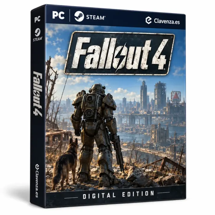 Produktillustrasjon for Fallout 4 på Steam med en figur i kraftrustning og en hund foran en ødelagt by