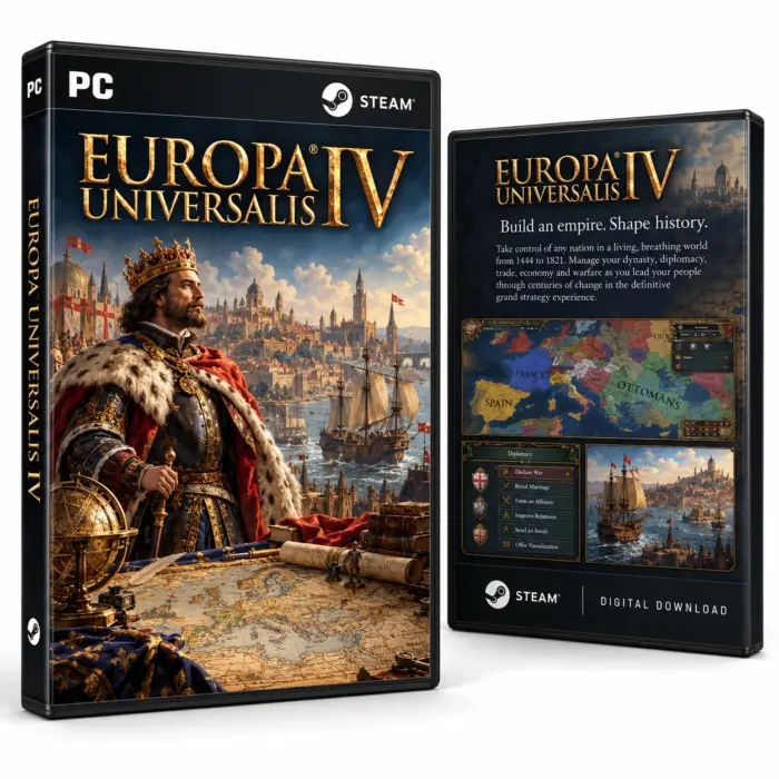 Produktillustrasjon for Europa Universalis IV på Steam med en kronet hersker, et kart og en havneby
