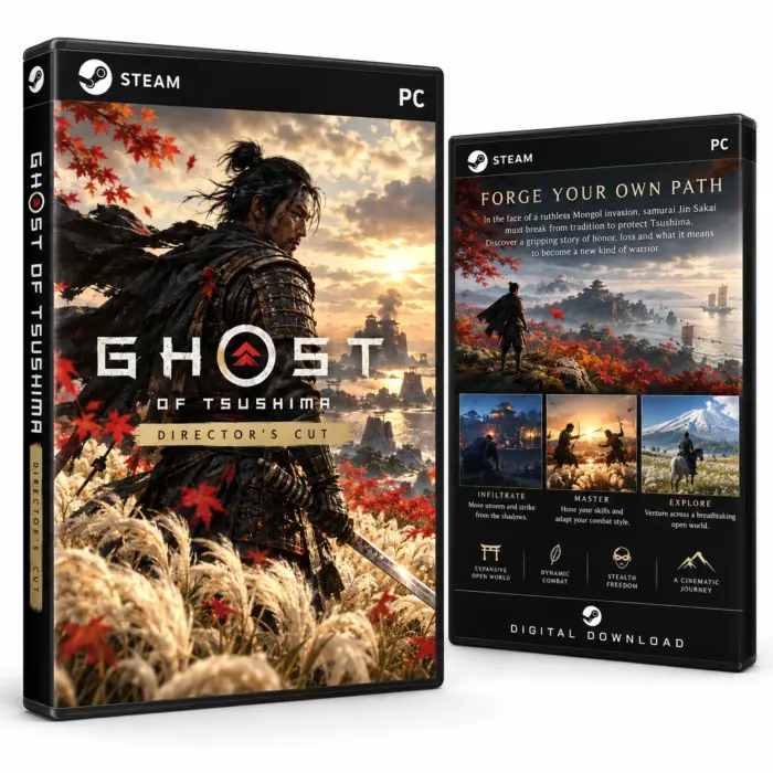 Produktillustrasjon for Ghost of Tsushima Director’s Cut på Steam med en samurai, røde blader og et kystlandskap