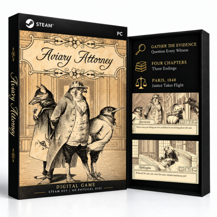 Aviary Attorney Steam – digital spillutgave vist med forside og bakside