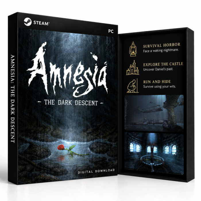 Amnesia: The Dark Descent Steam – digital spillutgave vist med forside og bakside