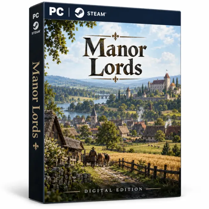 Produktillustrasjon for Manor Lords på Steam med en middelalderlandsby, kornåker, elv og borg