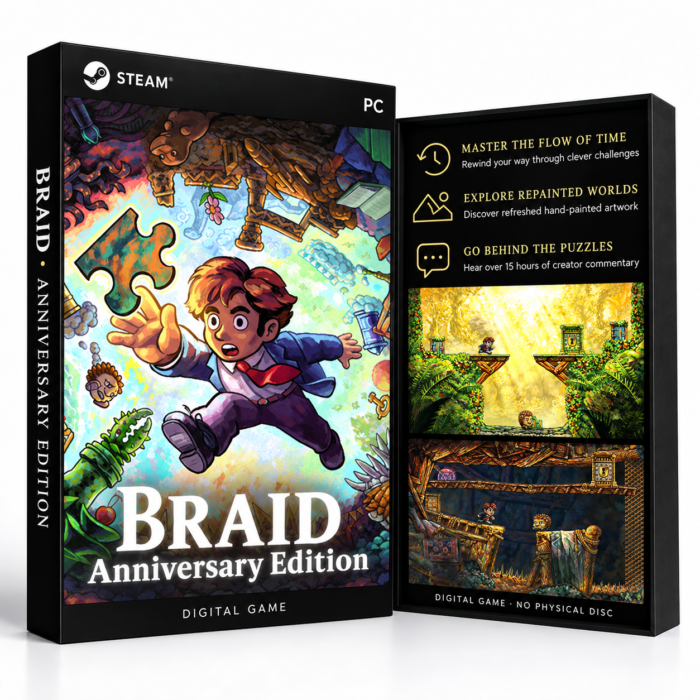 Braid, Anniversary Edition – PC (Steam) – digital spillutgave vist med forside og bakside