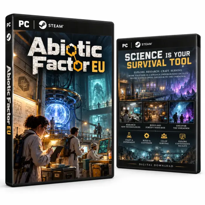 Produktillustrasjon for Abiotic Factor EU på Steam med forskere i et underjordisk laboratorium