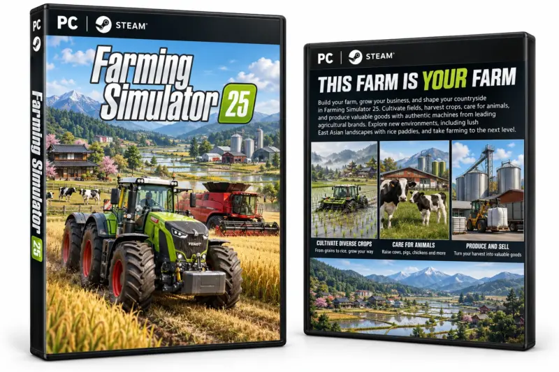 Produktillustrasjon for Farming Simulator 25 på Steam med traktor, avlinger og gårdsdyr