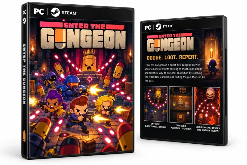 Produktillustrasjon for Enter the Gungeon på Steam med figurer og prosjektiler i en labyrint