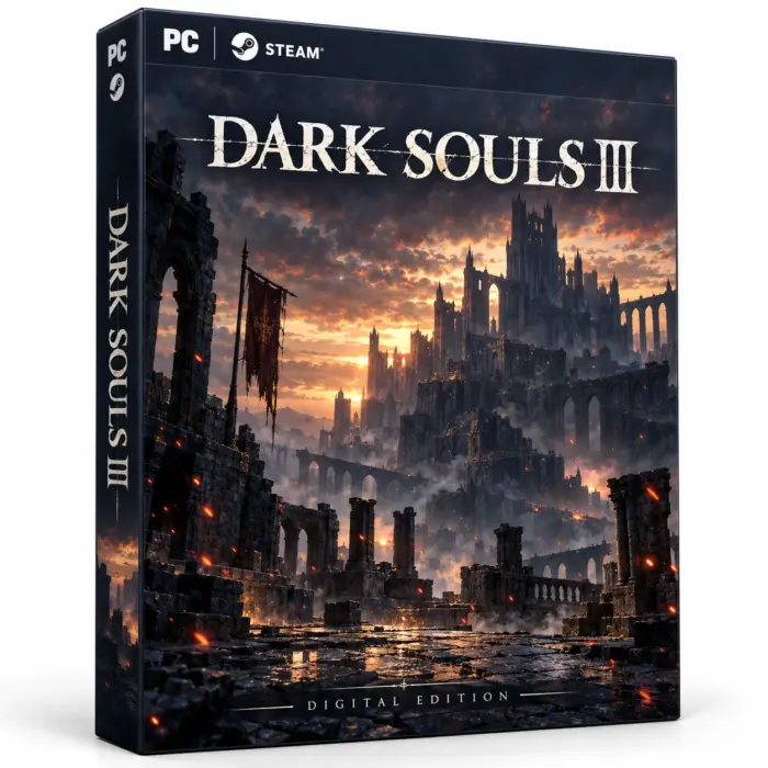 Produktillustrasjon for Dark Souls III på Steam med et gotisk slott, steinruiner og glødende aske ved solnedgang