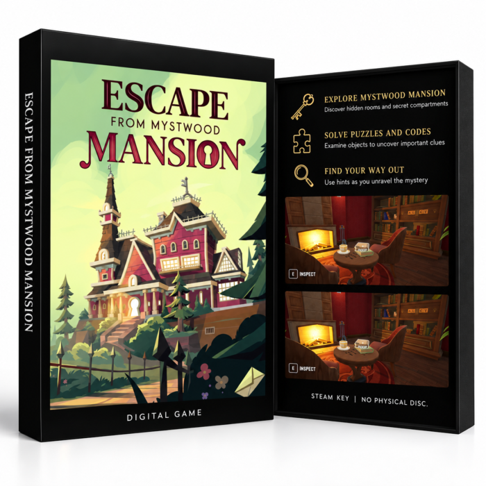 Escape From Mystwood Mansion Steam – digital spillutgave vist med forside og bakside