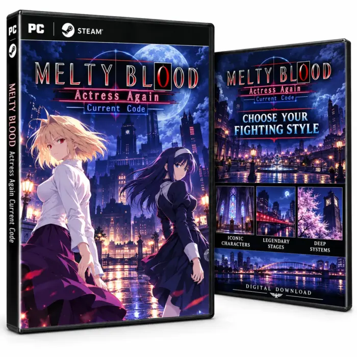 Illustrasjon av for- og baksideomslag for Melty Blood Actress Again Current Code til PC og Steam, med to figurer foran en månebelyst by.