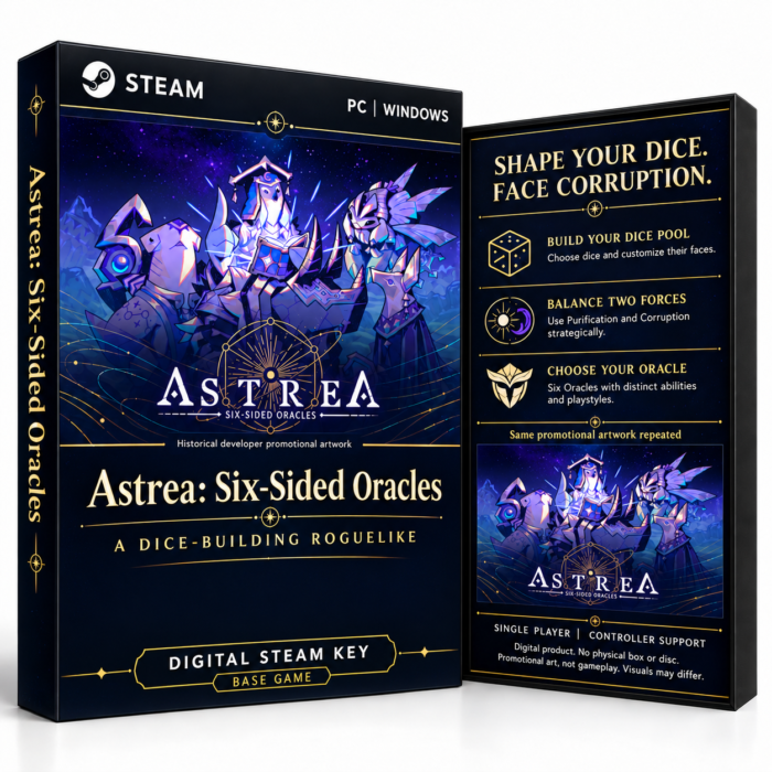 Astrea: Six-Sided Oracles Steam – digital spillutgave vist med forside og bakside