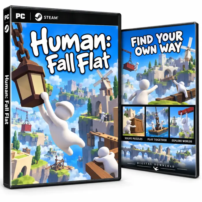 Illustrasjon av for- og baksideomslag for Human: Fall Flat til PC og Steam, med hvite figurer på svevende øyer med borger og broer.