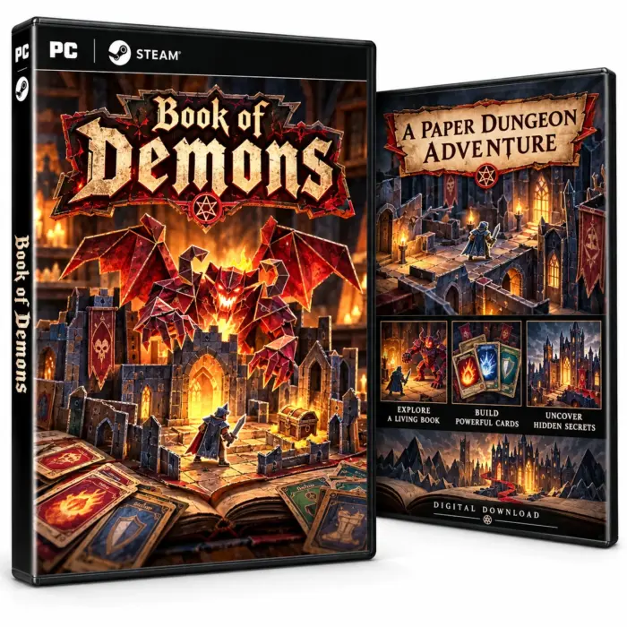 Illustrasjon av for- og baksideomslag for Book of Demons til PC og Steam, med en papirdemon, kort og en mørk borg.