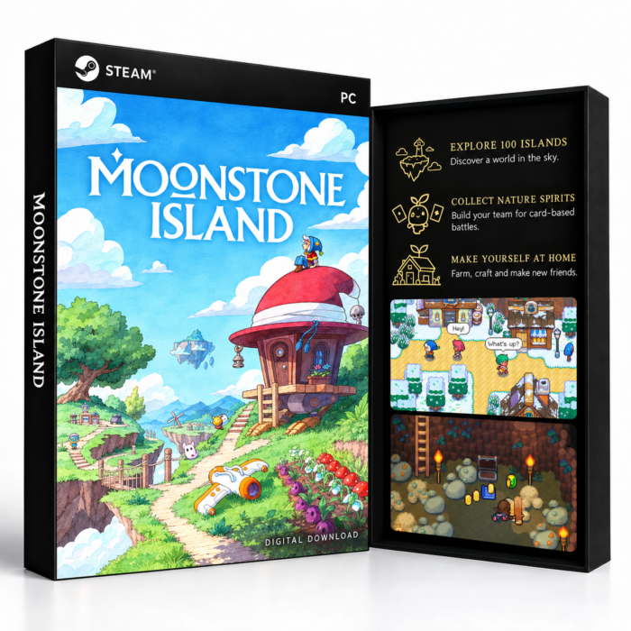 Moonstone Island Steam – digital spillutgave vist med forside og bakside