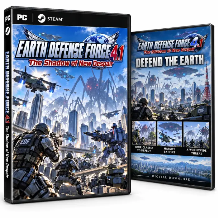 Illustrasjon av for- og baksideomslag for EARTH DEFENSE FORCE 4.1 The Shadow of New Despair til PC og Steam.