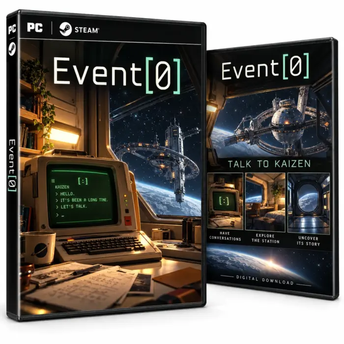 Illustrasjon av for- og baksideomslag for Event[0] til PC og Steam, med en grønn dataterminal og utsikt mot en romstasjon.