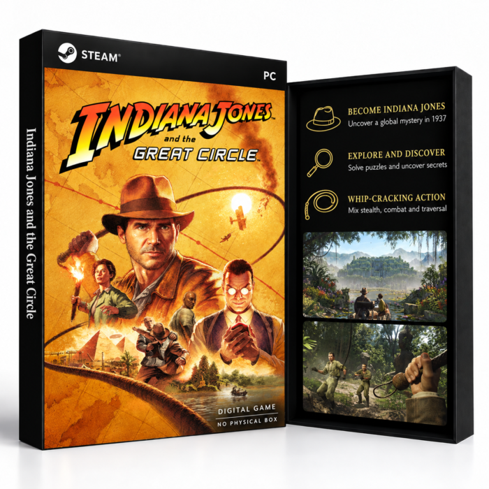 Indiana Jones and the Great Circle Steam – digital spillutgave vist med forside og bakside