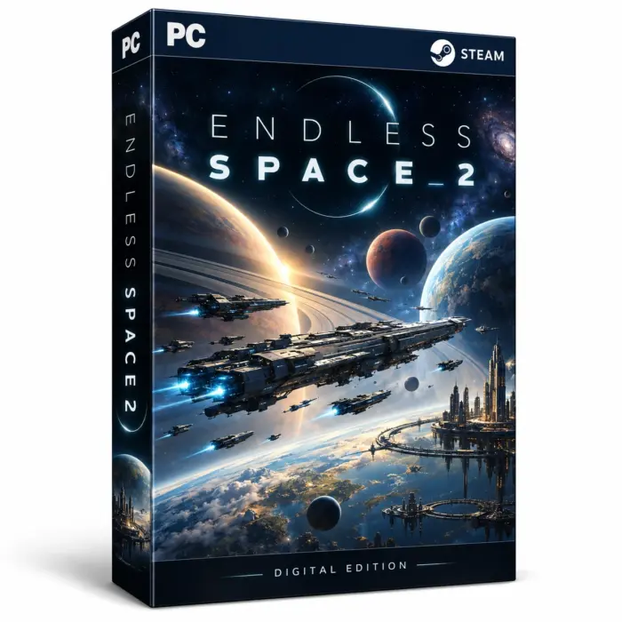 Produktillustrasjon for Endless Space 2 på Steam med en romflåte, planeter og romstasjoner