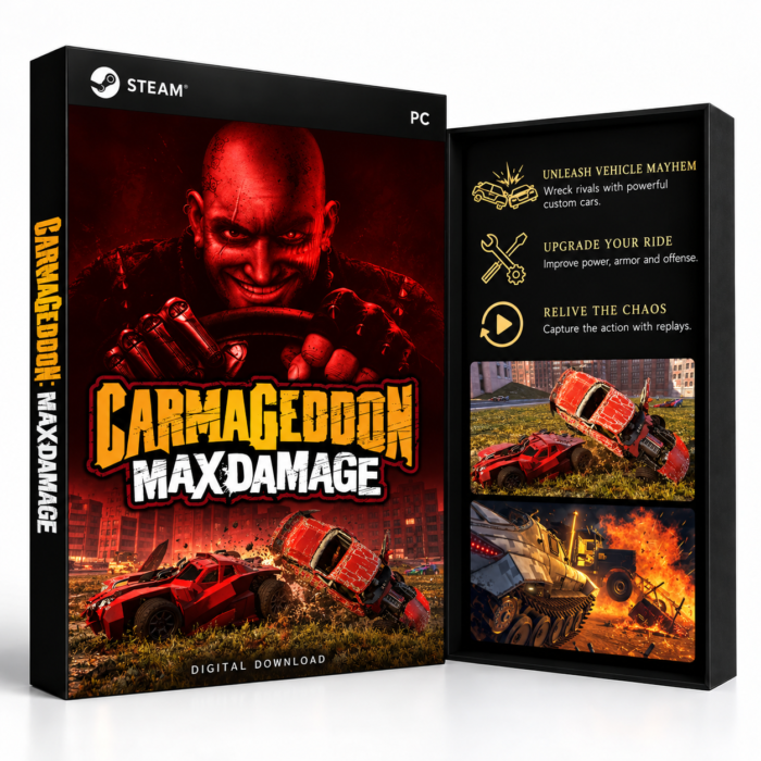 Carmageddon: Max Damage Steam – digital spillutgave vist med forside og bakside