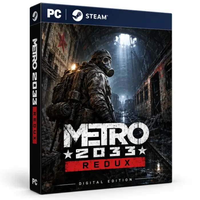 Produktillustrasjon for Metro 2033 Redux på Steam med en bevæpnet figur i gassmaske ved ødelagte togvogner