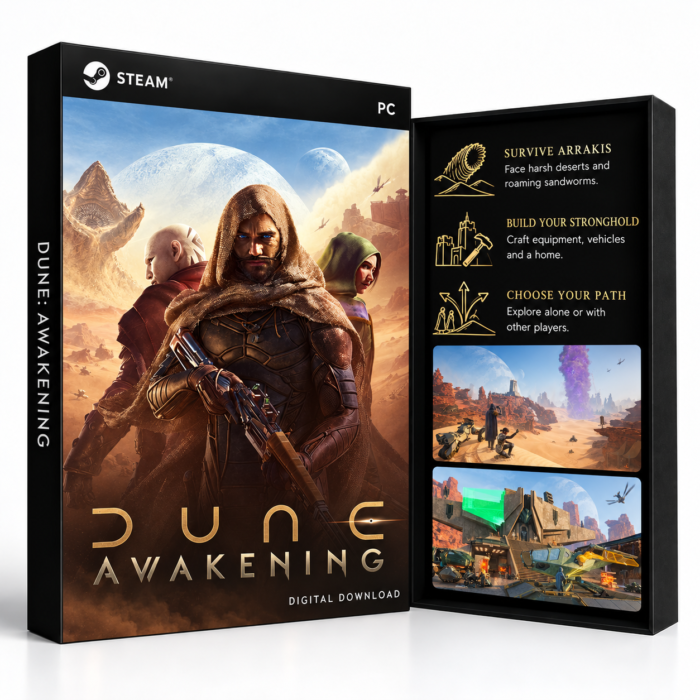 Dune: Awakening Steam – digital spillutgave vist med forside og bakside