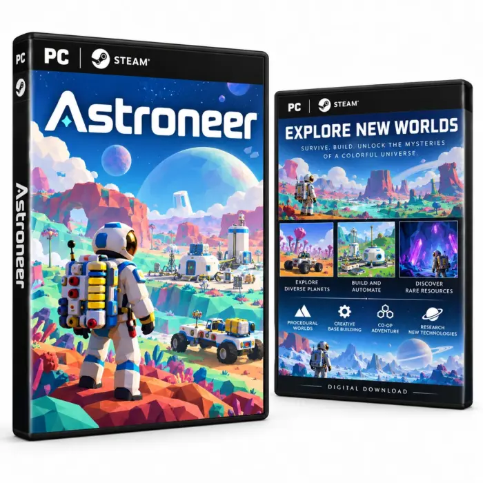 Produktillustrasjon for ASTRONEER på Steam med astronaut, kjøretøy og en fargerik planet