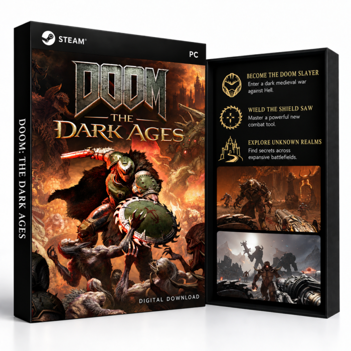 DOOM: The Dark Ages Steam – digital spillutgave vist med forside og bakside
