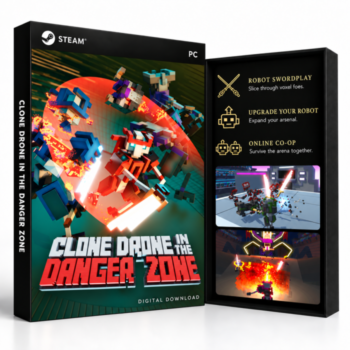 Clone Drone in the Danger Zone Steam – digital spillutgave vist med forside og bakside