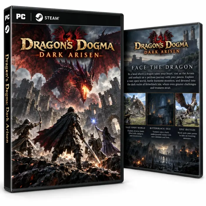 Produktillustrasjon for Dragon’s Dogma: Dark Arisen på Steam med en drage og eventyrere ved slottsruiner