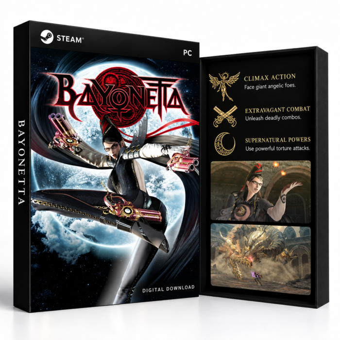 Bayonetta Steam – digital spillutgave vist med forside og bakside