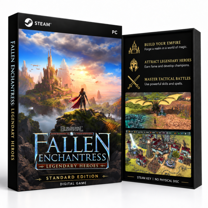 Fallen Enchantress: Legendary Heroes Steam – digital spillutgave vist med forside og bakside