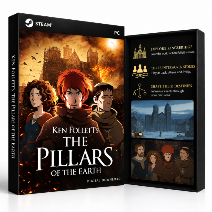 Ken Follett's The Pillars of the Earth Steam – digital spillutgave vist med forside og bakside
