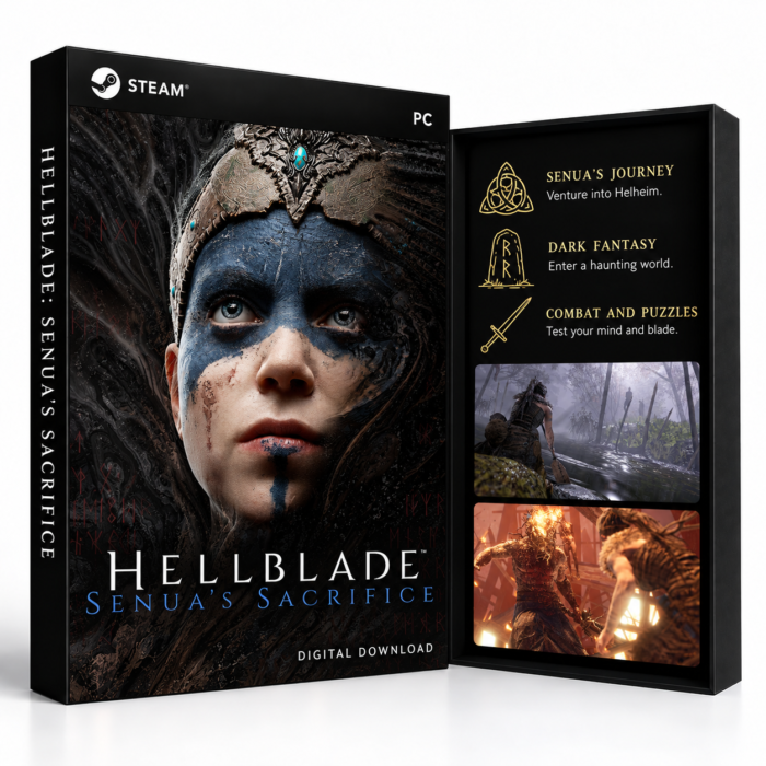 Hellblade: Senua’s Sacrifice Steam – digital spillutgave vist med forside og bakside