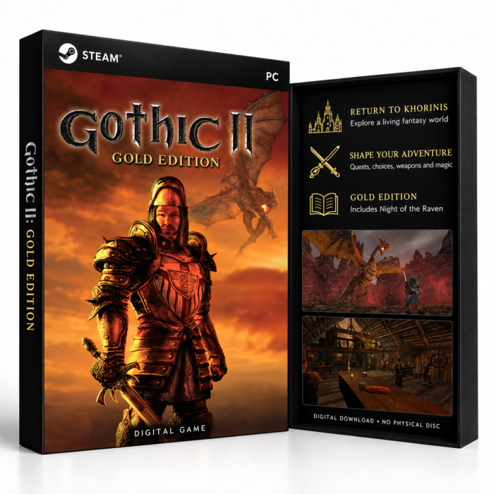 Gothic II: Gold Edition – PC (Steam) – digital spillutgave vist med forside og bakside