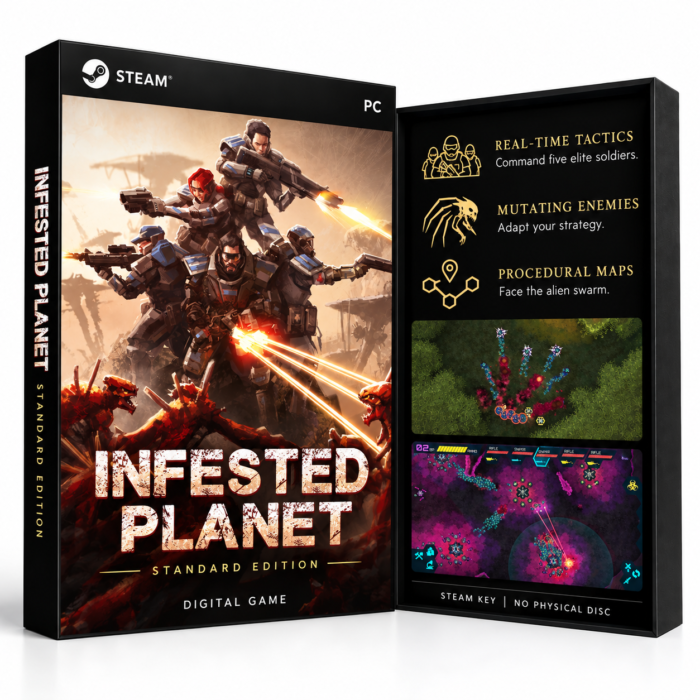 Infested Planet Steam – digital spillutgave vist med forside og bakside
