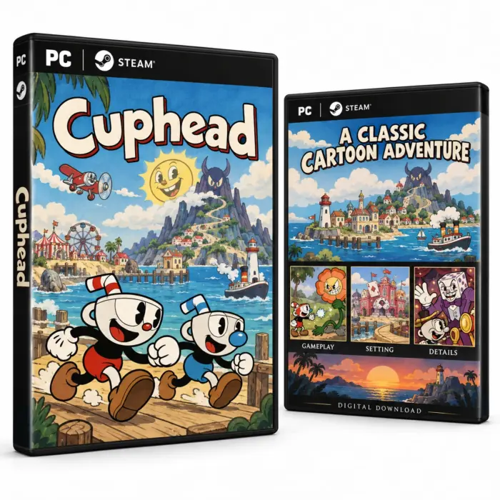 Omslag til Cuphead for Steam med Cuphead og Mugman
