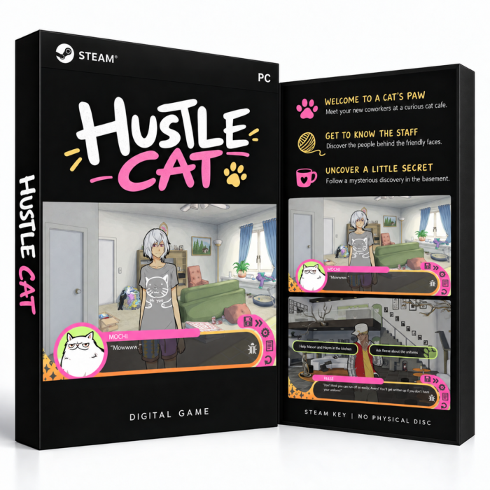 Hustle Cat – Steam – digital spillutgave vist med forside og bakside