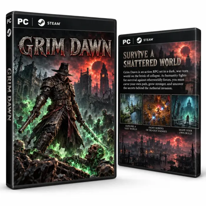 Produktillustrasjon for Grim Dawn på Steam med en bevæpnet figur, udøde og en mørk fantasiby